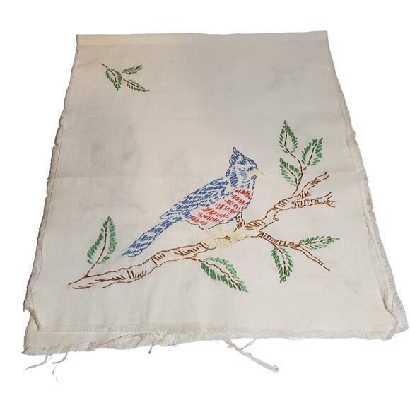 VINTAGE 1960s STAMPED BLUE JAY BIRD EMBROIDERED TABLE RUNNER PARTLY FINISHED - Picture 4 of 8